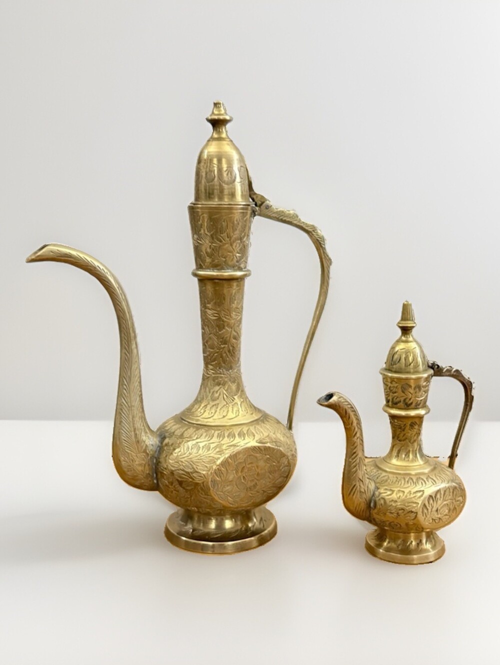 Vintage Collectible Solid Etched Brass Teapot Set of 2 Made In India Marked